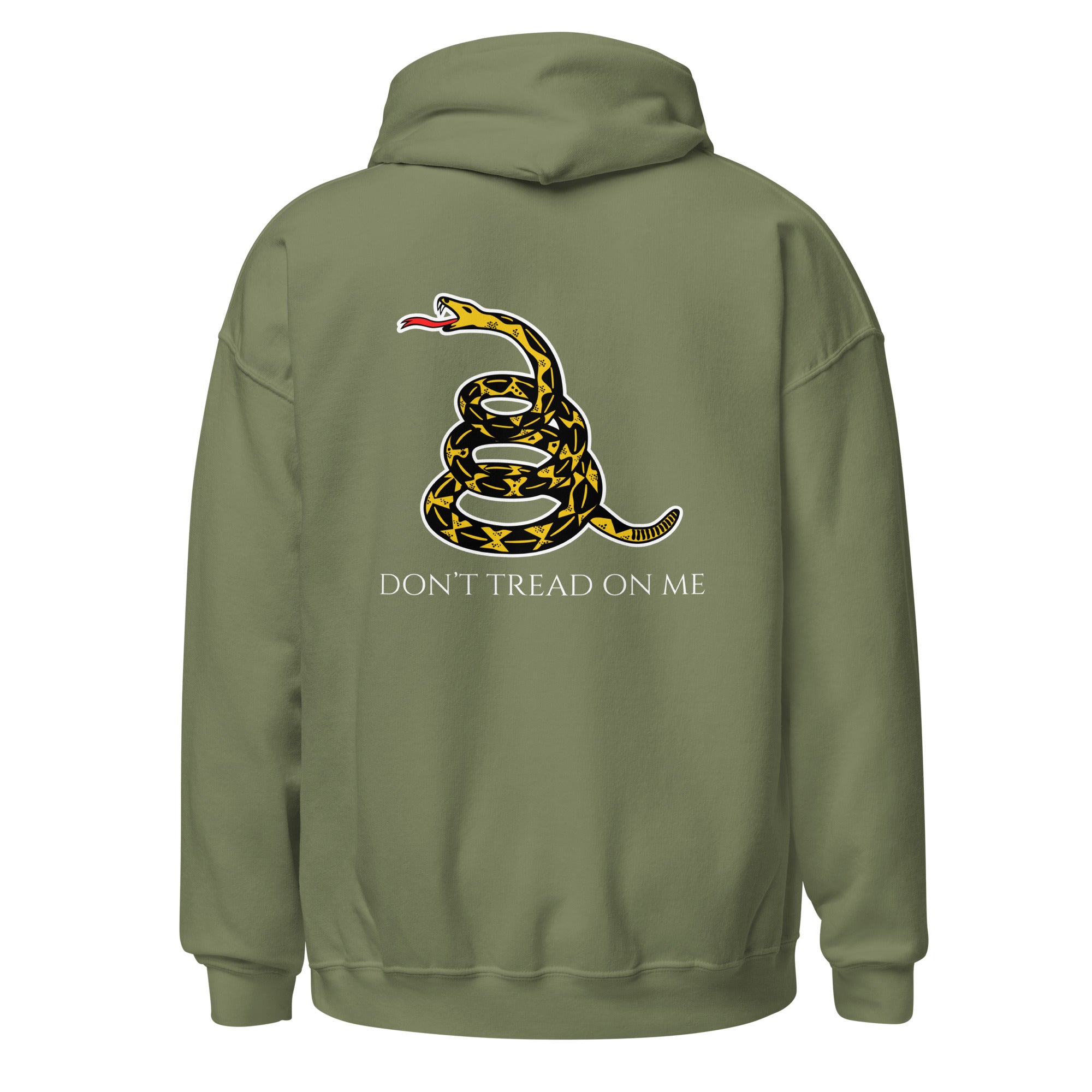 Military green men’s Christian hoodie flat lay showing historic snake with “Don’t Tread on Me” text