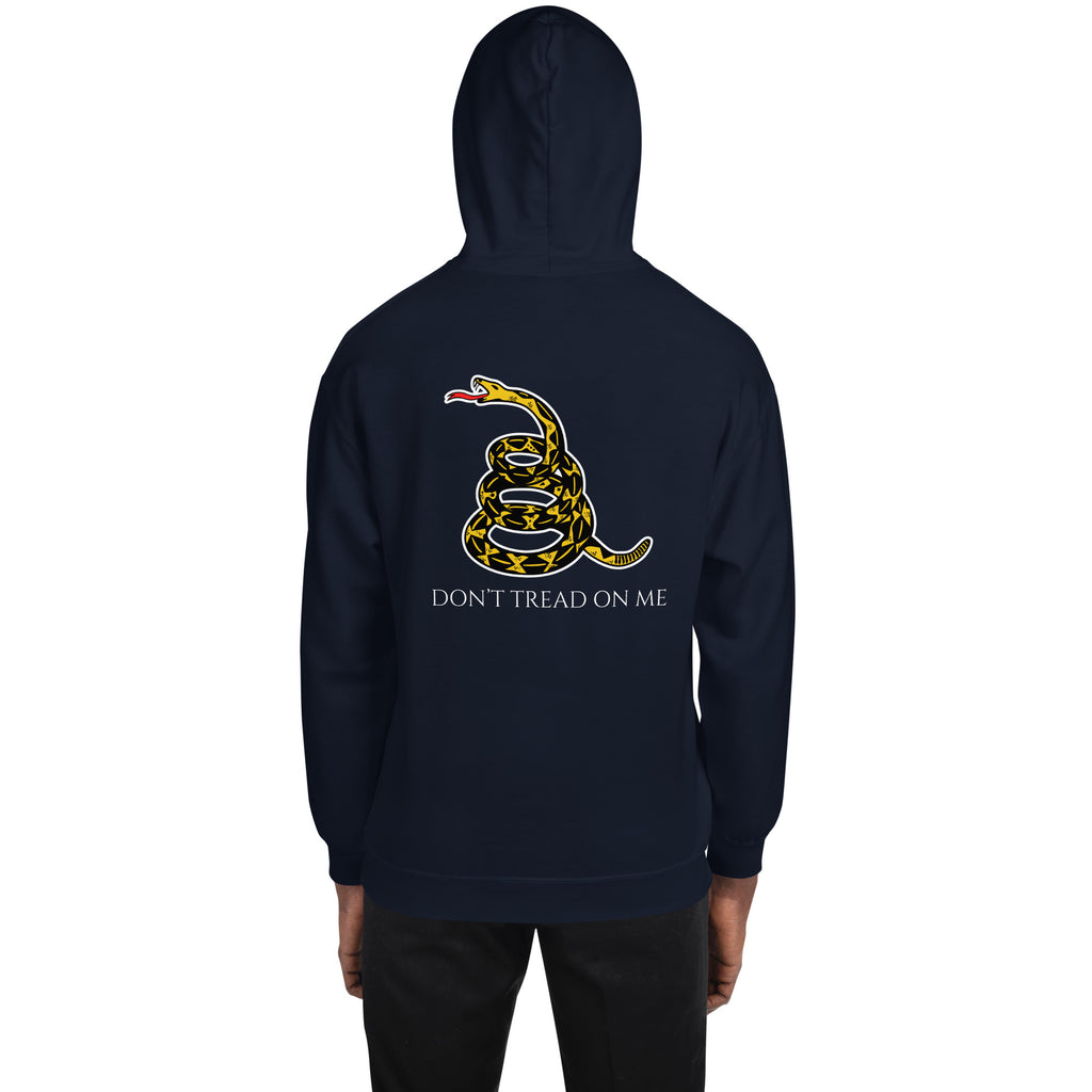 Male model wearing a navy Christian hoodie, shown from the back, highlighting the historic snake and “Don’t Tread on Me” text