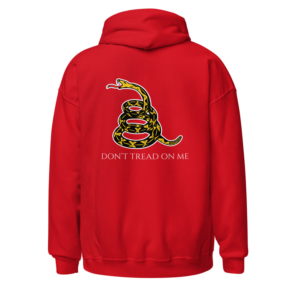 Red men’s Christian hoodie flat lay featuring historic snake and “Don’t Tread on Me” text