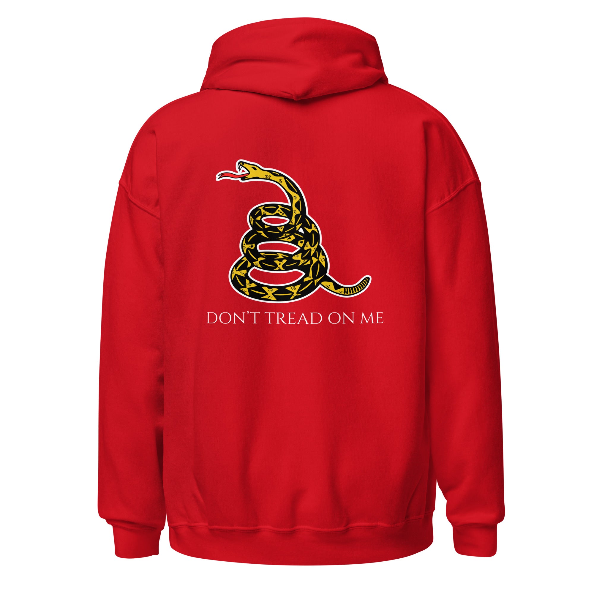 Red men’s Christian hoodie flat lay featuring historic snake and “Don’t Tread on Me” text