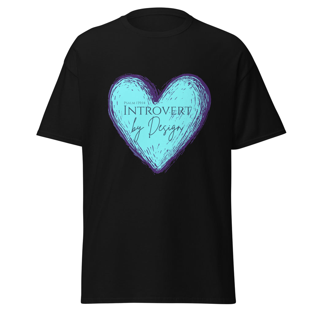 Black women’s Christian t-shirt featuring a sketched light blue heart with purple outline and the text “PSALM 139:14 INTROVERT by Design” in purple font on the front.