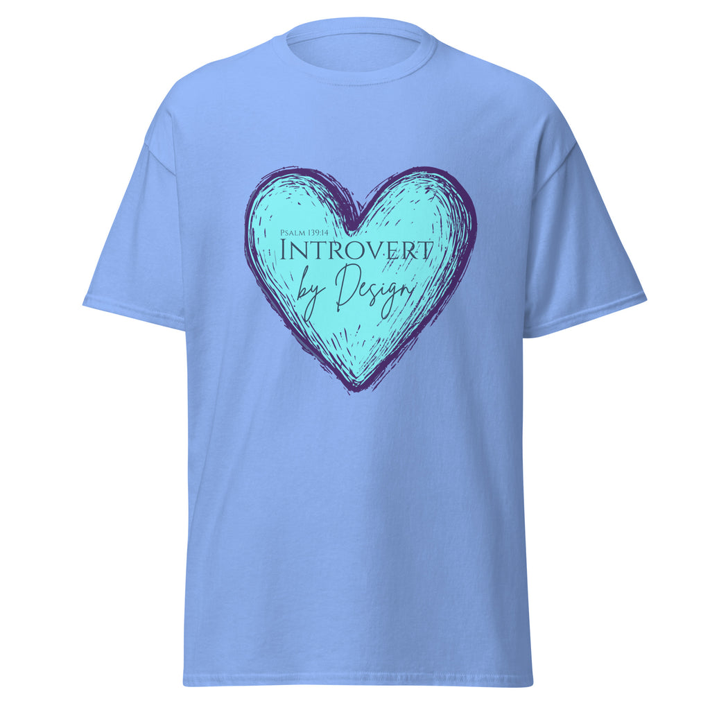 Carolina blue women’s Christian t-shirt featuring a sketched light blue heart with purple outline and the text “PSALM 139:14 INTROVERT by Design” in purple font on the front.