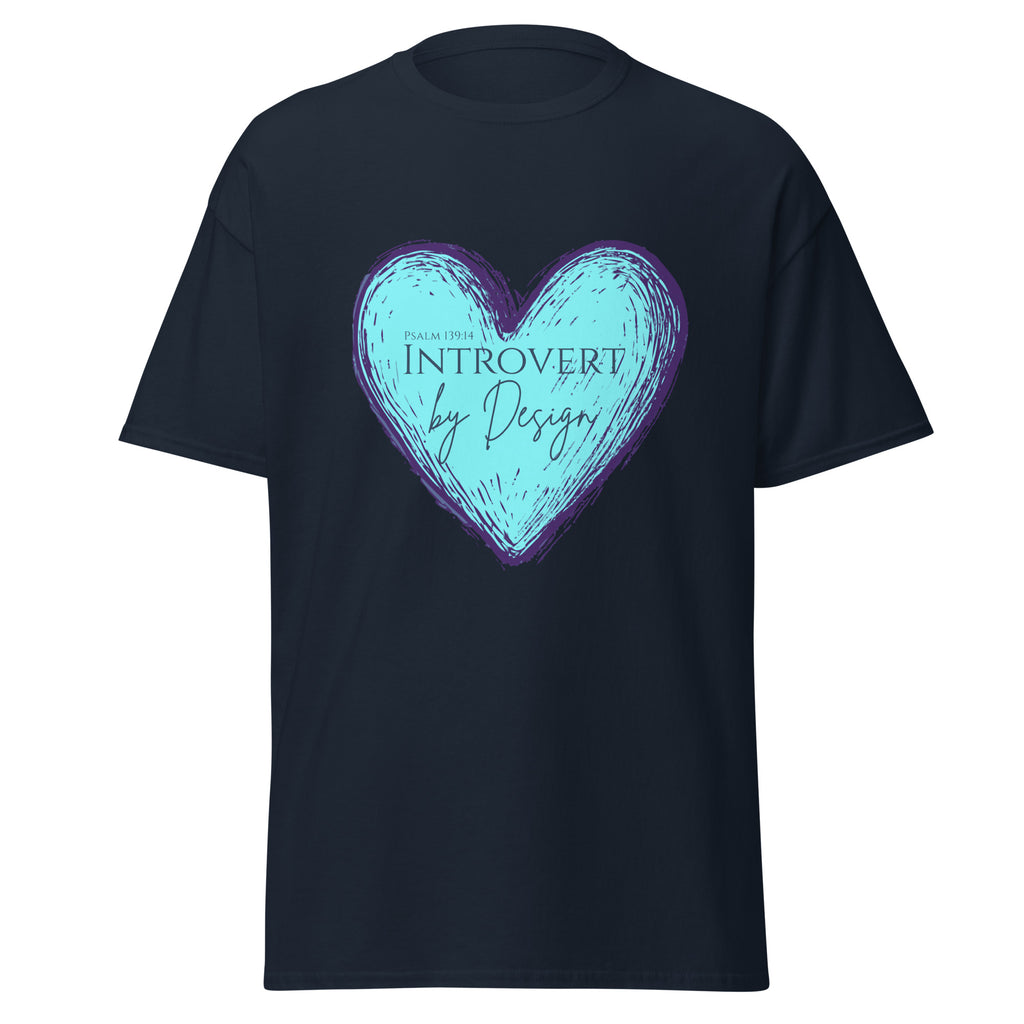 Navy women’s Christian t-shirt featuring a sketched light blue heart with purple outline and the text “PSALM 139:14 INTROVERT by Design” in purple font on the front.