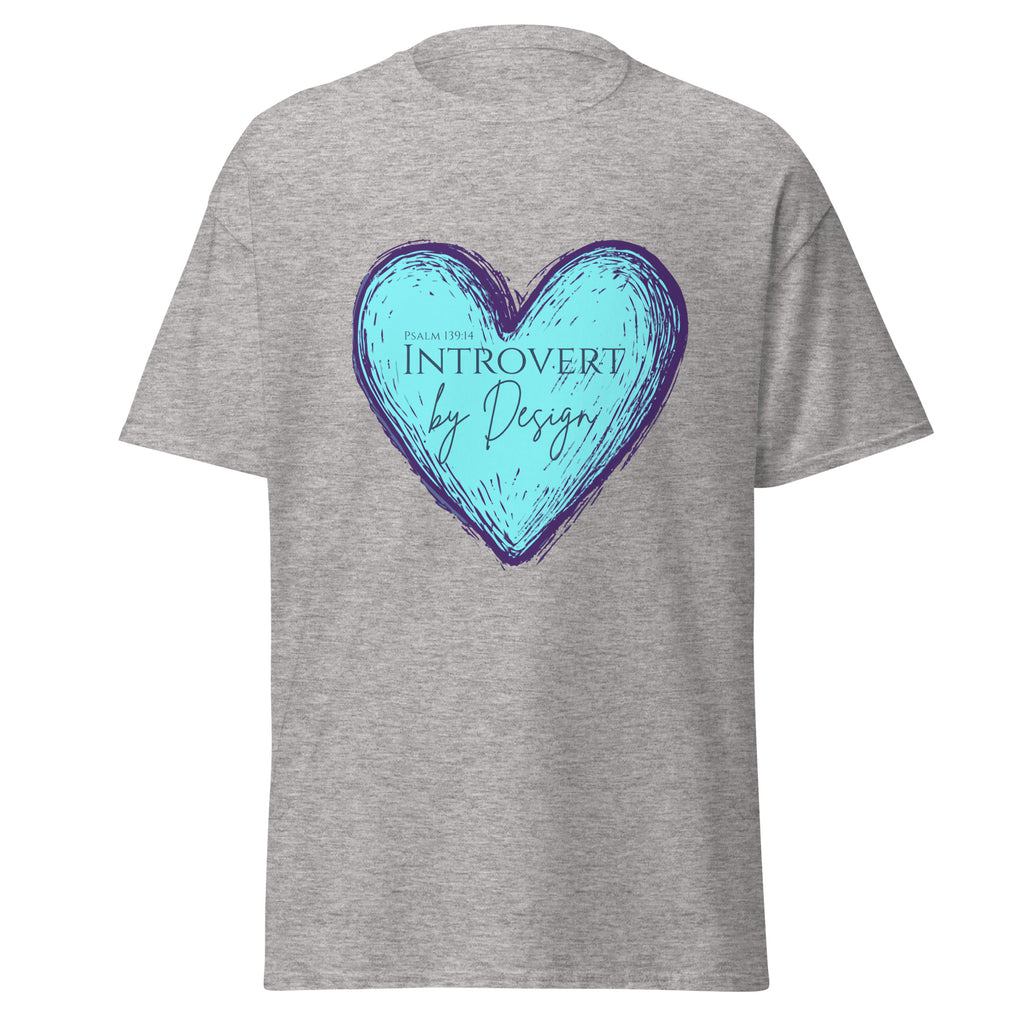 Sport grey women’s Christian t-shirt featuring a sketched light blue heart with purple outline and the text “PSALM 139:14 INTROVERT by Design” in purple font on the front.