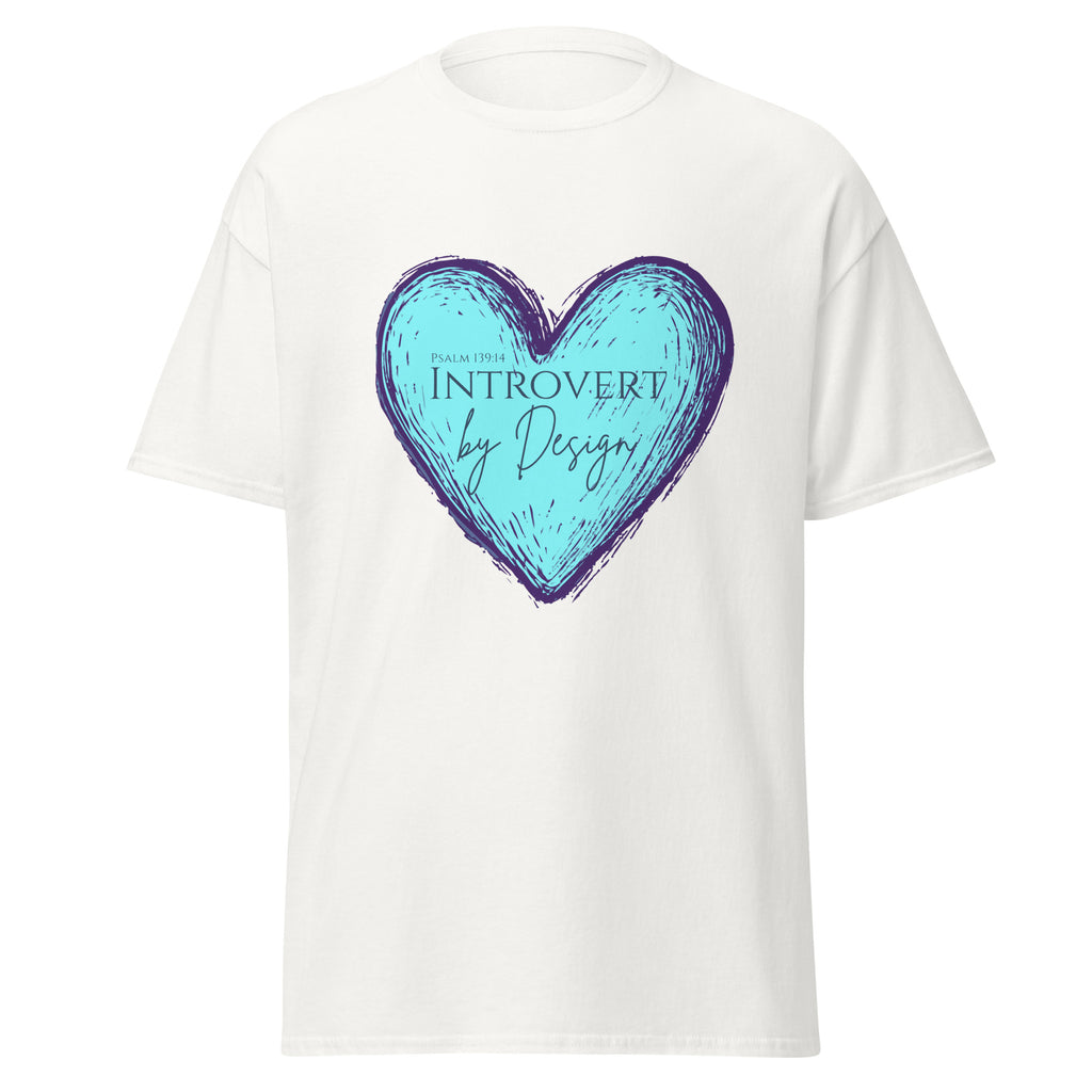 White women’s Christian t-shirt featuring a sketched light blue heart with purple outline and the text “PSALM 139:14 INTROVERT by Design” in purple font on the front.
