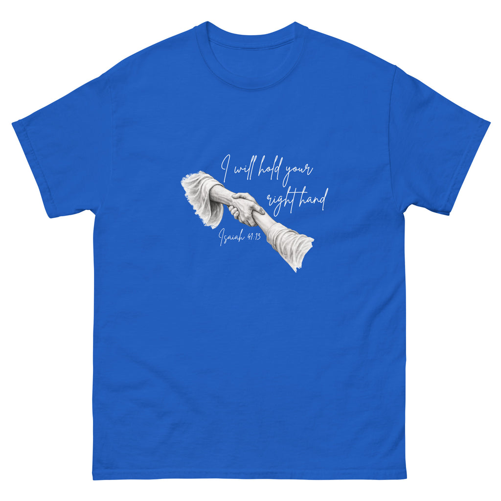 Flat lay front view of women’s Christian t-shirt in royal blue featuring script text reading I will hold your right hand with Isaiah 41:13 and illustration of Jesus holding a woman’s right hand
