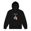 Flat lay front view of kids’ Christian hoodie in black featuring a pixel-style church and Jesus illustration with gamer-style text reading “God is my foundation” and “Psalm 18:2”.  