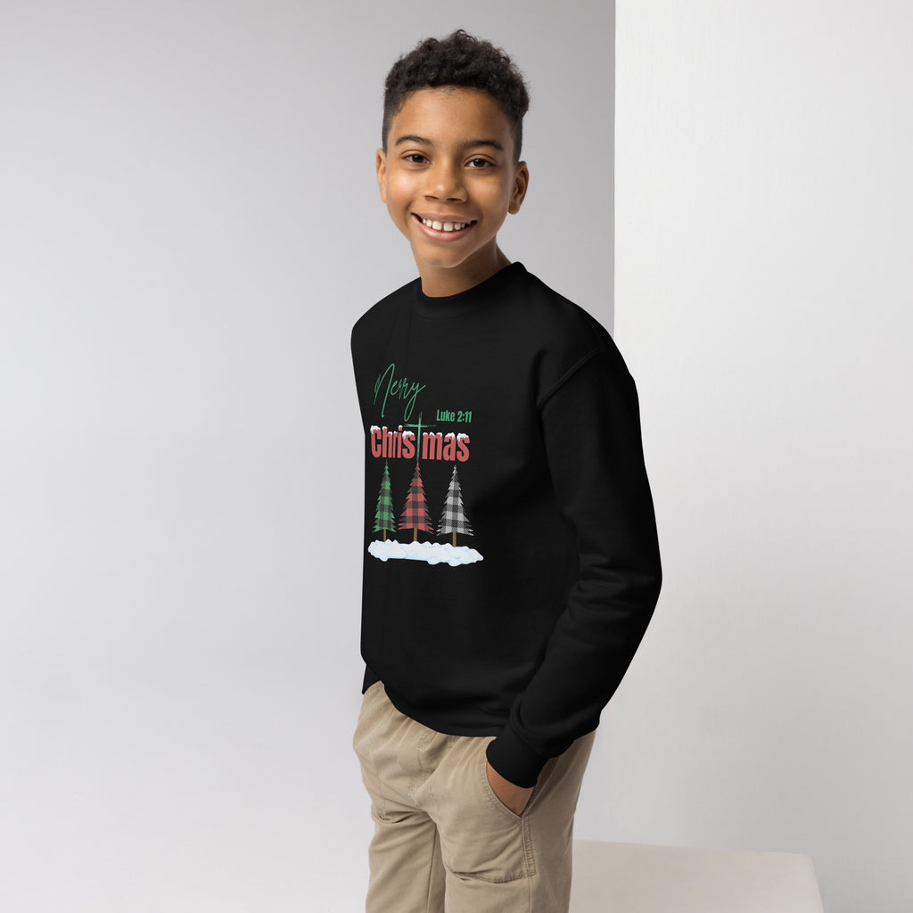 Boy wearing black youth Christmas sweatshirt with buffalo plaid Christmas trees, snow base, Merry Christmas text, Luke 2:11, and cross-shaped T