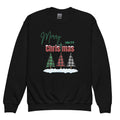 Youth black Christmas sweatshirt front view with three buffalo plaid Christmas trees, snow on the ground, Merry Christmas text, Luke 2:11, and a cross-shaped T acting as the middle tree topper