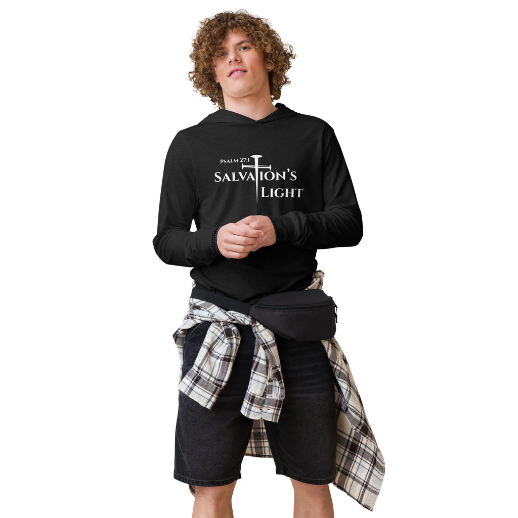 Front view of a male model wearing the black men’s Christian hooded long sleeve tee showing the full Salvation’s Light design with “Salvation’s Light,” the cross-shaped “T” created from three nails, and “Psalm 27:1.”