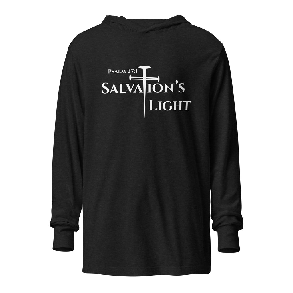 Flat lay front view of men’s Christian hooded long sleeve tee in charcoal black triblend featuring the Salvation’s Light design with “Salvation’s Light” text, the “T” in Salvation formed as a cross made of three nails, and “Psalm 27:1” displayed beneath.