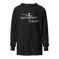 Flat lay front view of men’s Christian hooded long sleeve tee in charcoal black triblend featuring the Salvation’s Light design with “Salvation’s Light” text, the “T” in Salvation formed as a cross made of three nails, and “Psalm 27:1” displayed beneath.