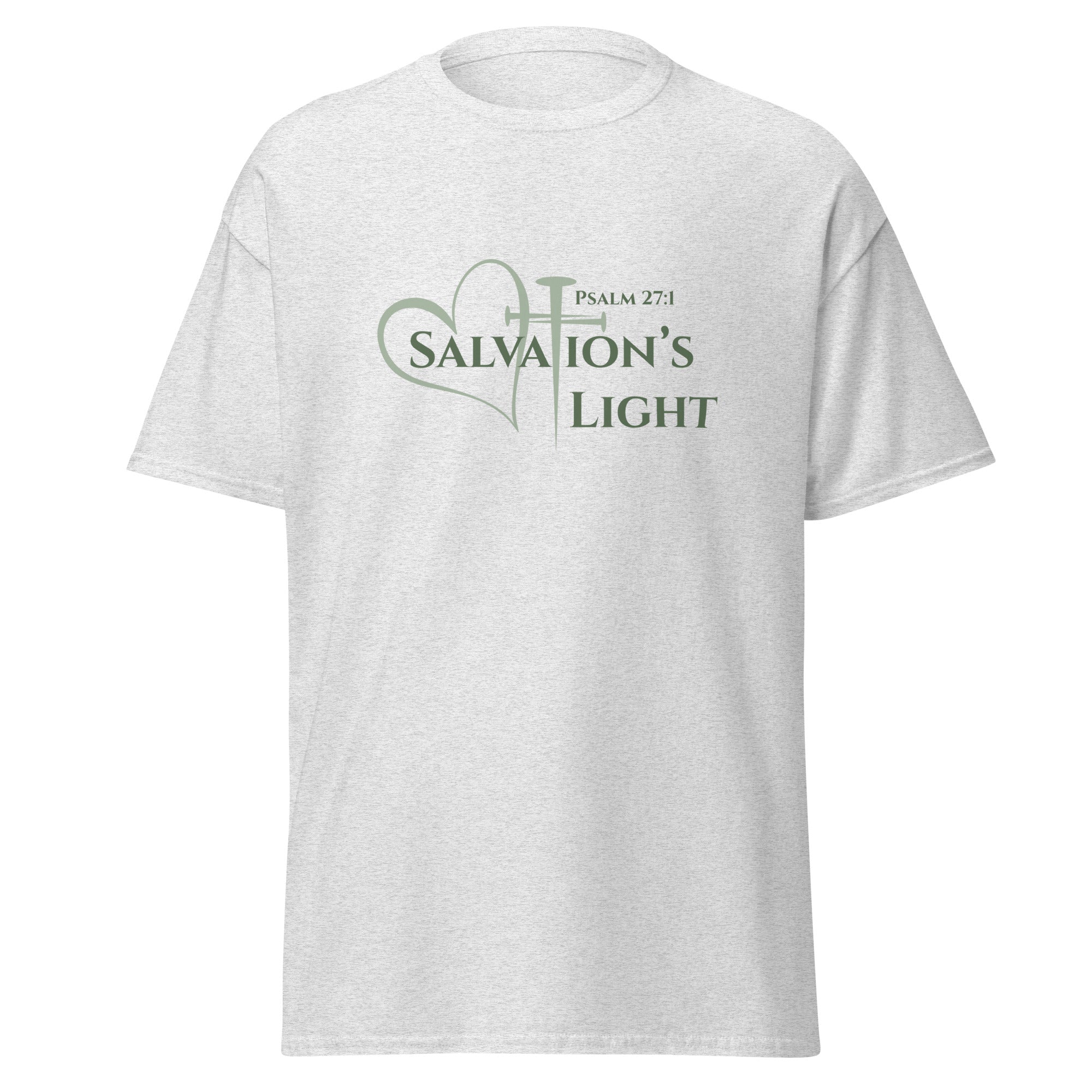 Flat lay of Salvation’s Light women’s Christian t-shirt in ash displaying the Psalm 27:1 faith-based heart and cross designed with three nails.