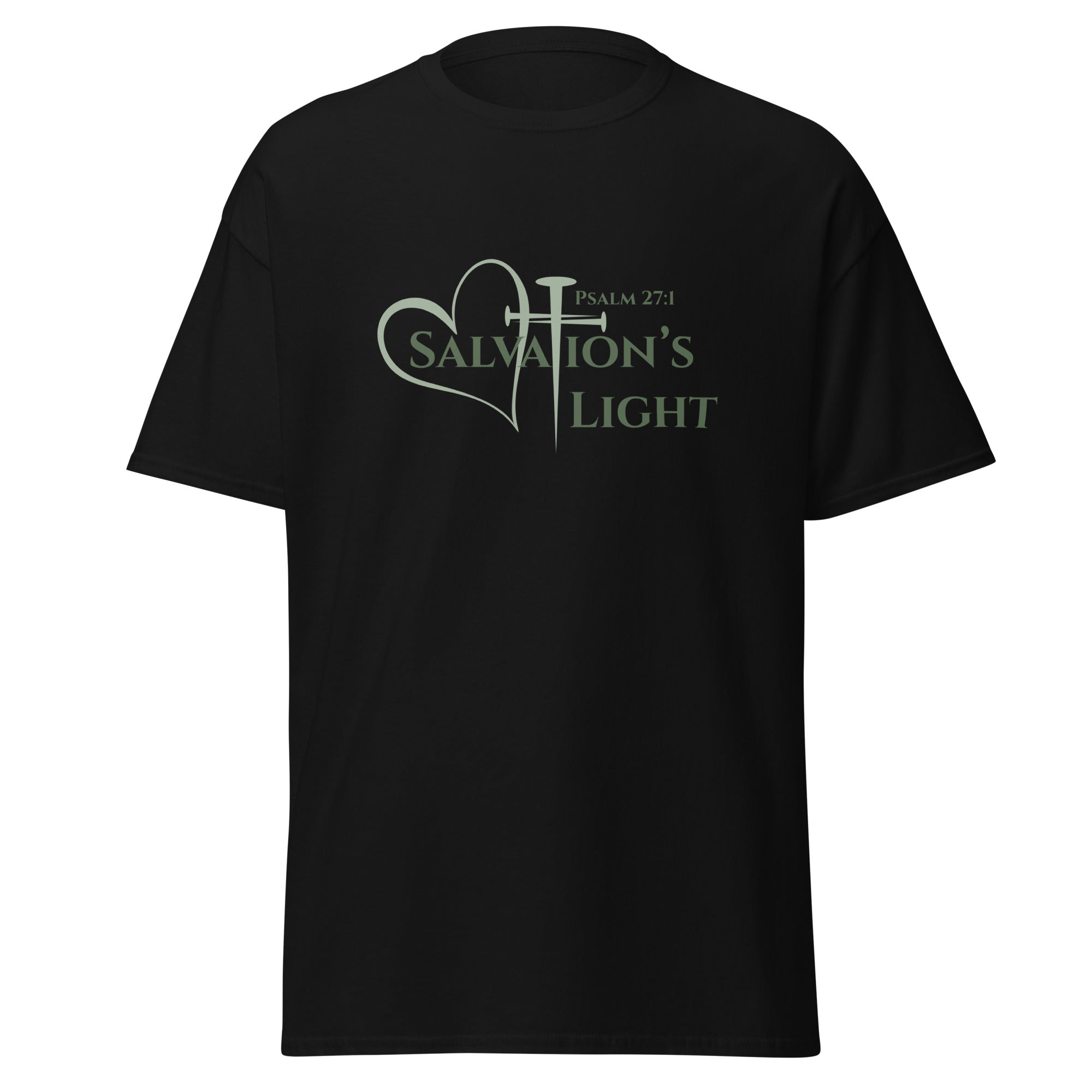 Flat lay of Salvation’s Light women’s Christian t-shirt in black featuring Psalm 27:1, a heart and cross design formed with three nails.