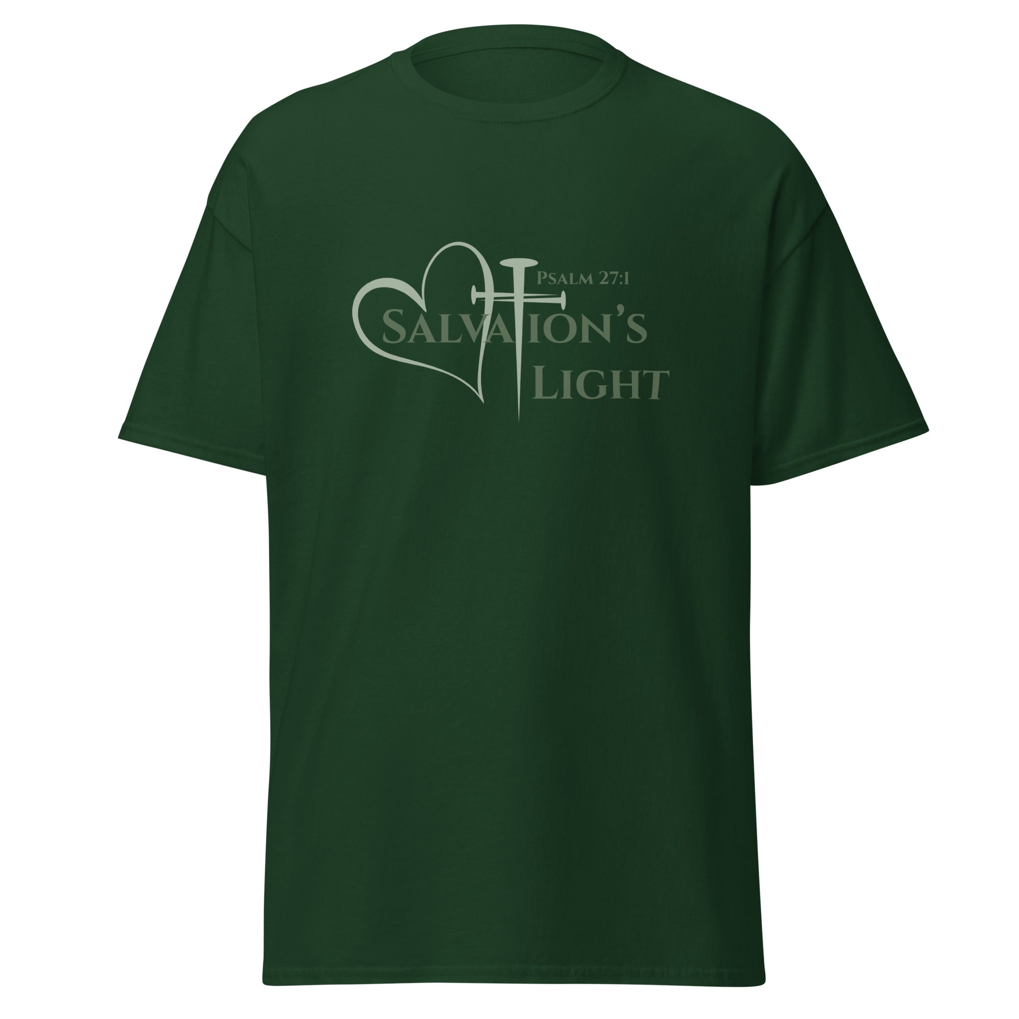 Flat lay of Salvation’s Light women’s Christian t-shirt in forest green with Psalm 27:1 and a heart and cross created using three nails.