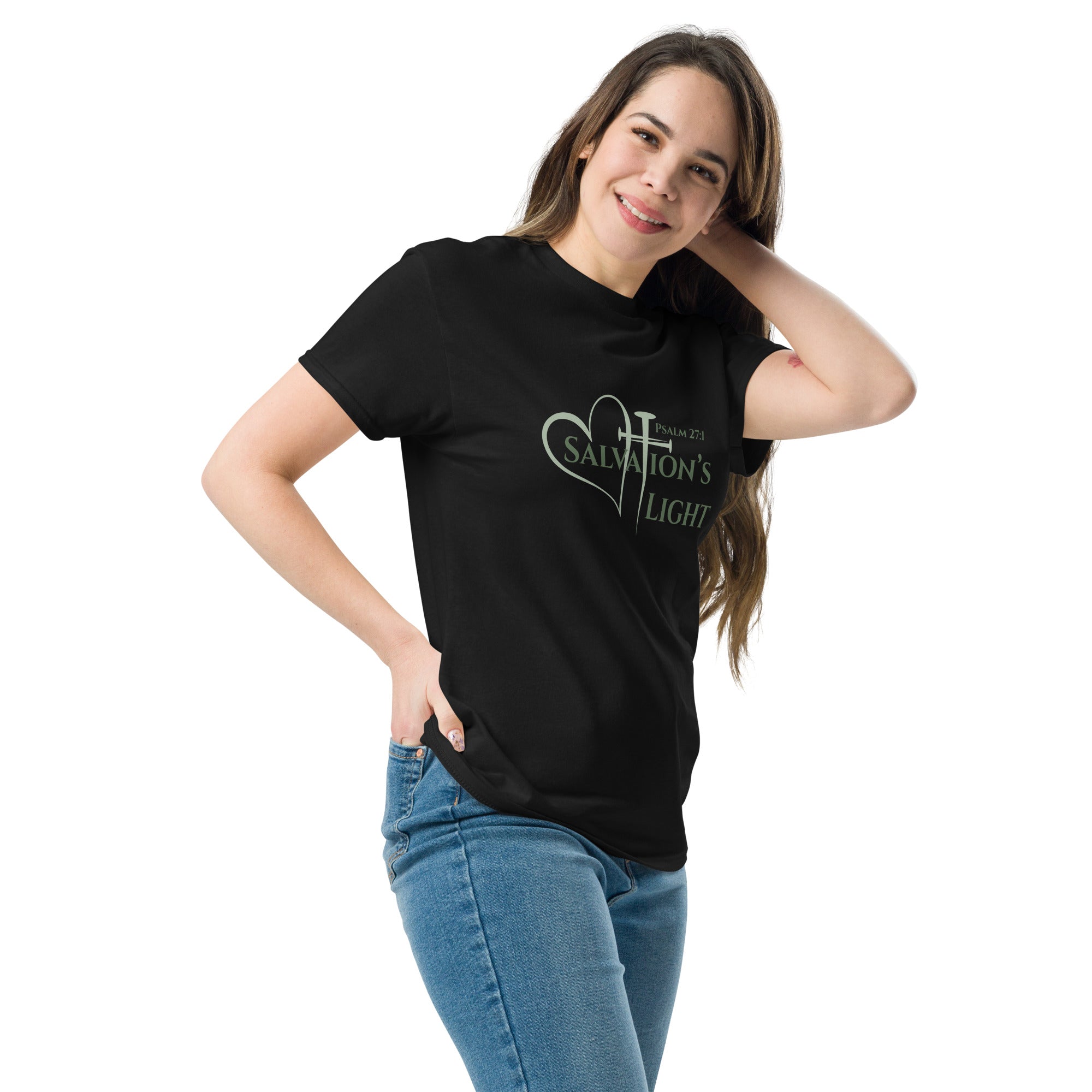 Female model wearing the Salvation’s Light women’s Christian t-shirt in black, front view turned slightly left, showing the Psalm 27:1 heart and cross design.