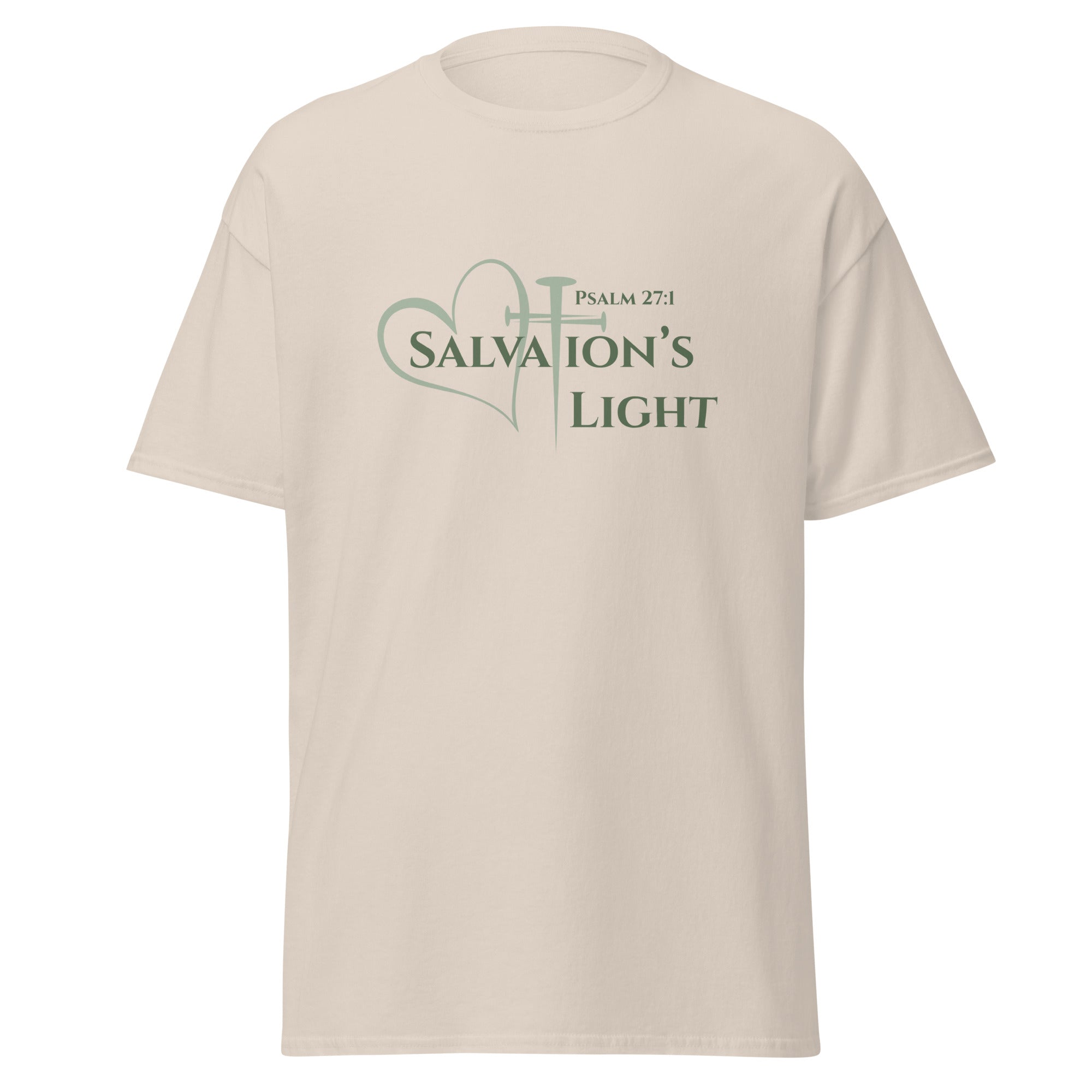 Flat lay of Salvation’s Light women’s Christian t-shirt in natural featuring Psalm 27:1 with a heart and cross created from three nails.