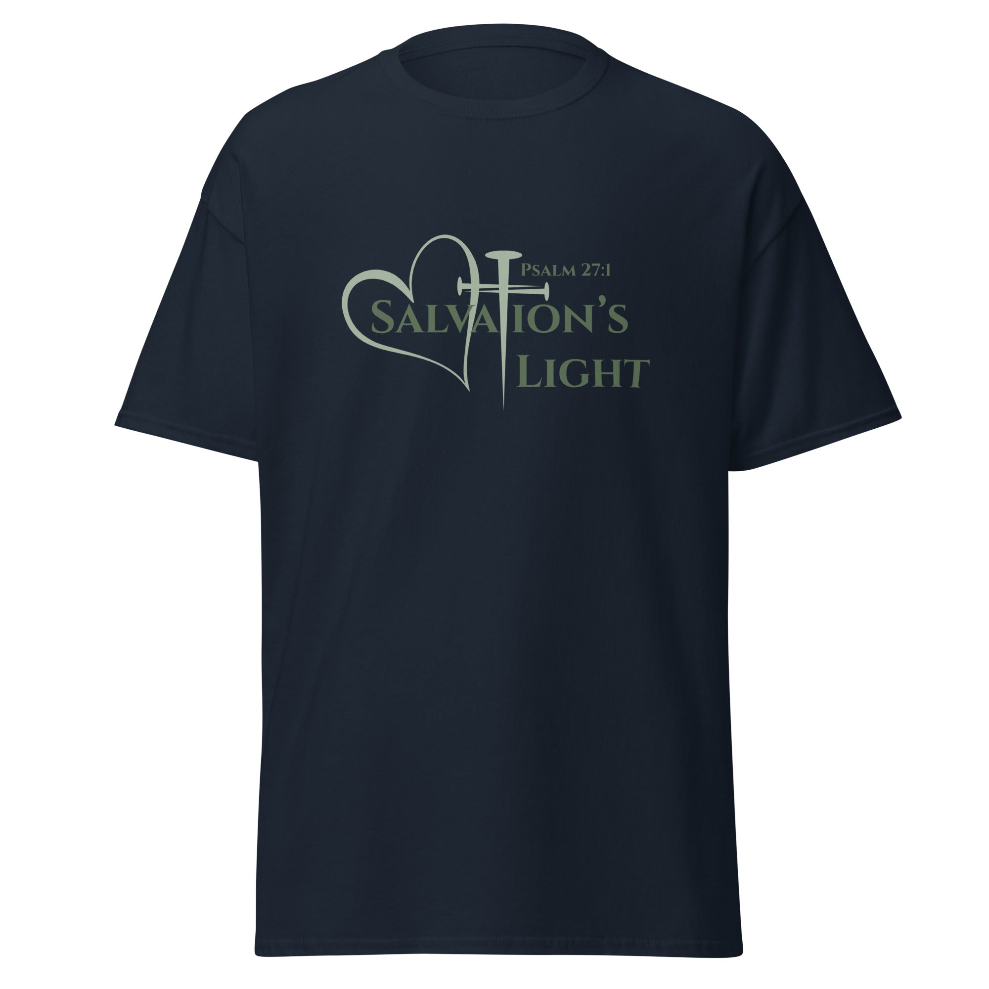 Flat lay of Salvation’s Light women’s Christian t-shirt in navy with Psalm 27:1 and a heart and cross made from three nails.
