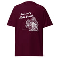 Flat lay front view of maroon men’s Christian humor t-shirt displaying an image of Samson holding a bottle labeled “Samson’s Hair Growth for Men” with the text “Samson’s Hair Growth” and fine print that reads “Results may vary. Faith Required.”