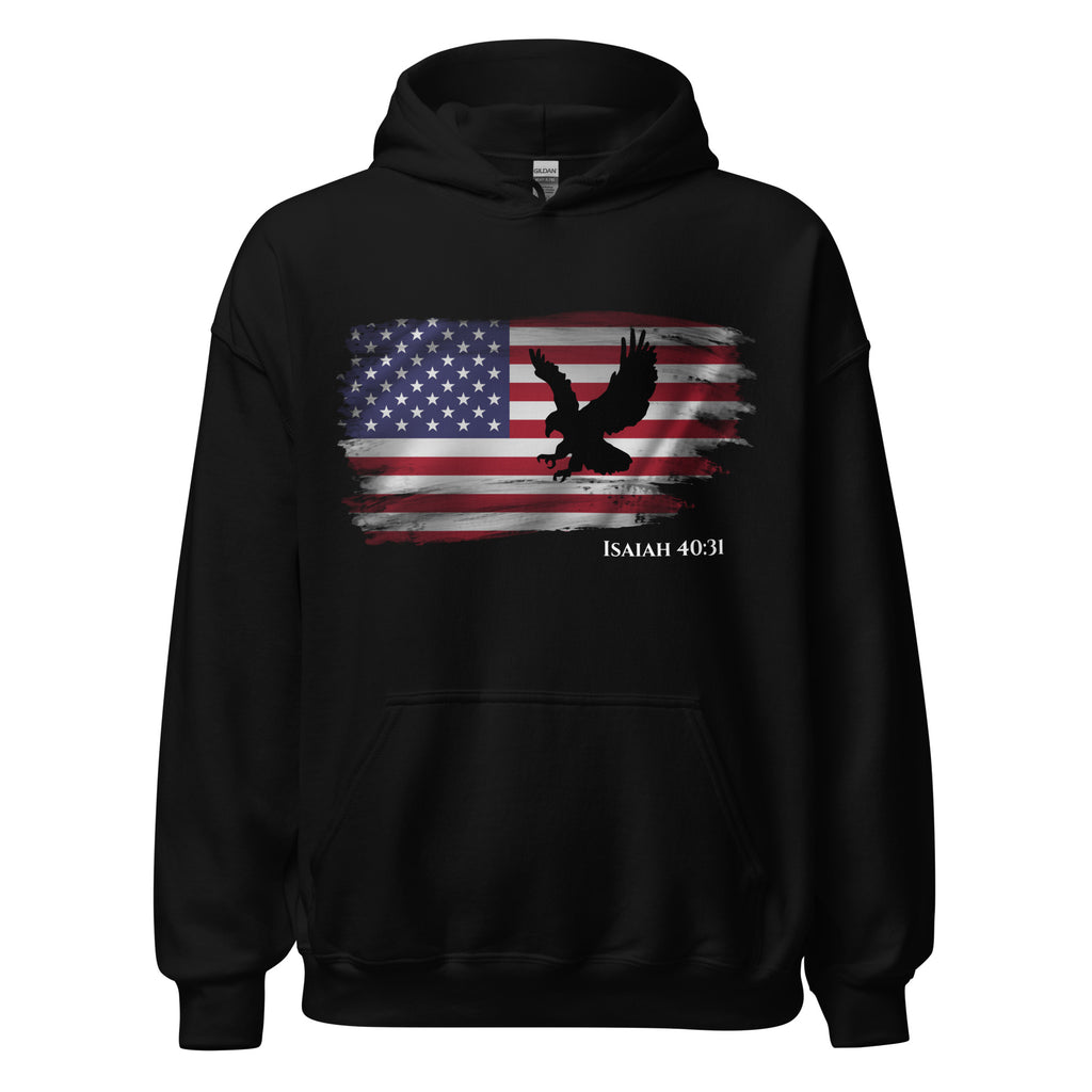 Front view of men’s Christian patriotic hoodie in black featuring a distressed American flag with a black flying eagle and the Scripture reference “Isaiah 40:31” printed beneath the flag.