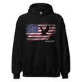 Front view of men’s Christian patriotic hoodie in black featuring a distressed American flag with a black flying eagle and the Scripture reference “Isaiah 40:31” printed beneath the flag.