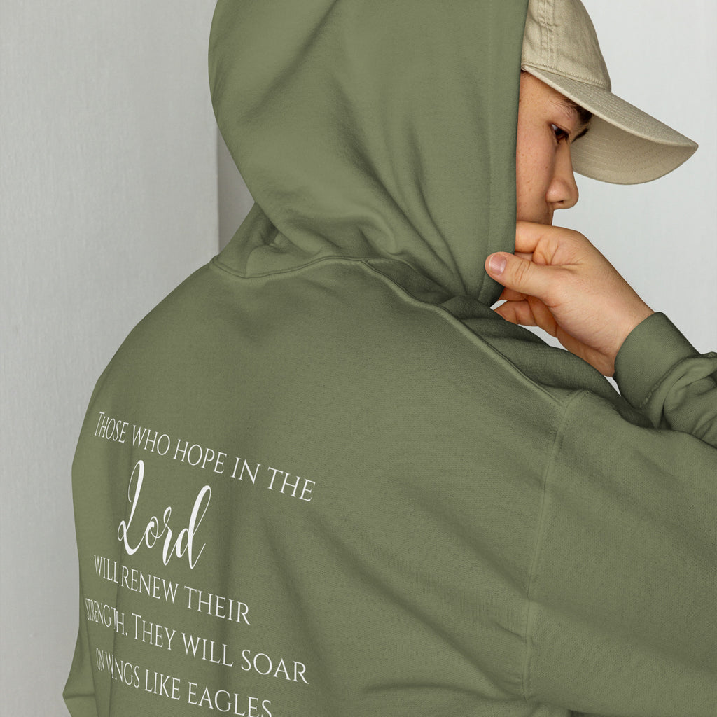 Male model wearing a military green men’s Christian hoodie showing the back design with the Scripture text “Those who hope in the Lord will renew their strength. They will soar on wings like eagles.”