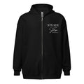 Black women’s zip hoodie with small left chest Christian design reading “STEADY in the Storm Isaiah 43:2” with Storm in handwritten script and STEADY in bold block lettering.