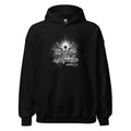 Men’s Christian hoodie in black featuring the front design text “Thankful for Respawning” and “Romans 6:9” in an urban style font, with the letter “t” in Thankful formed by three nails and an illustration of Jesus looking to Heaven with arms raised, light rays and clouds behind Him.