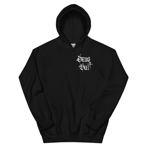 Flat image of a black Christian hoodie featuring “Deus Vult” printed in white on the left chest in a medieval-inspired gothic script font