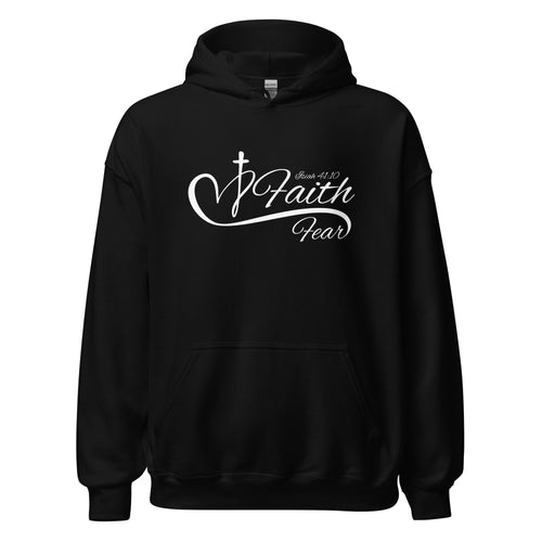 Flat image of a black Christian hoodie featuring the word “Faith” above the word “Fear,” separated by an elegant white heart and cross design, referencing Isaiah 41:10