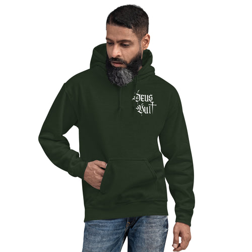 Male model wearing a forest green Christian hoodie featuring “Deus Vult” printed in white on the left chest in a medieval-inspired gothic script font