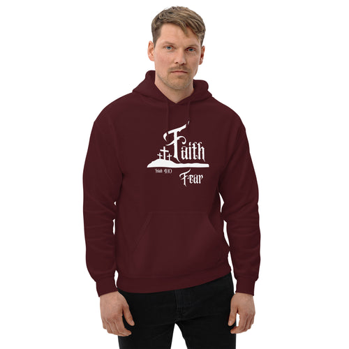 Male model wearing a maroon Christian hoodie featuring the word “Faith” above the word “Fear,” separated by a three-cross design, with “Faith” appearing larger, referencing Isaiah 41:10