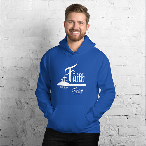 Male model wearing a royal blue Christian hoodie featuring the word “Faith” above the word “Fear,” separated by a three-cross design, with “Faith” appearing larger, referencing Isaiah 41:10