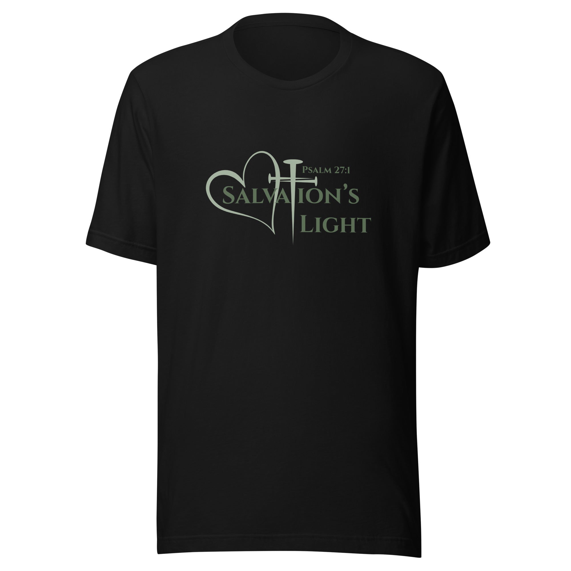 Flat image of a black short sleeve t-shirt from the Salvation’s Light Signature Collection, featuring Psalm 27:1 and the word “Salvation’s Light,” with the T designed as a sage green three-nail cross and accompanied by a sage green heart