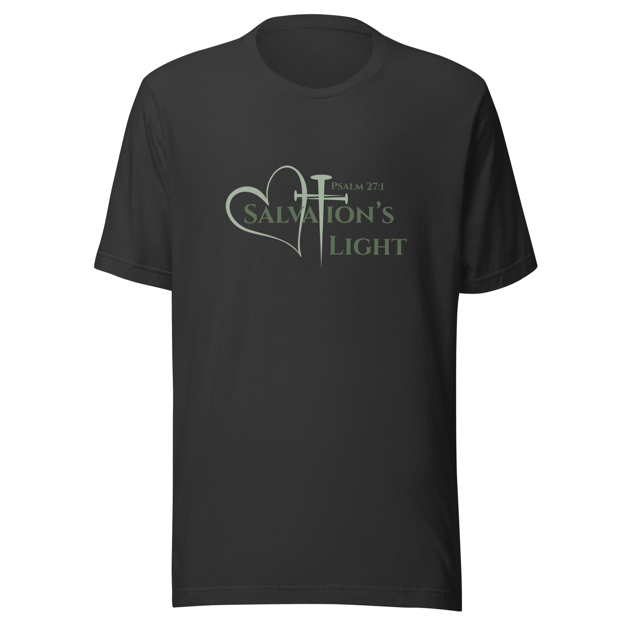 Flat image of a dark gray short sleeve t-shirt from the Salvation’s Light Signature Collection, featuring Psalm 27:1 and the word “Salvation’s Light,” with the T designed as a sage green three-nail cross and accompanied by a sage green heart