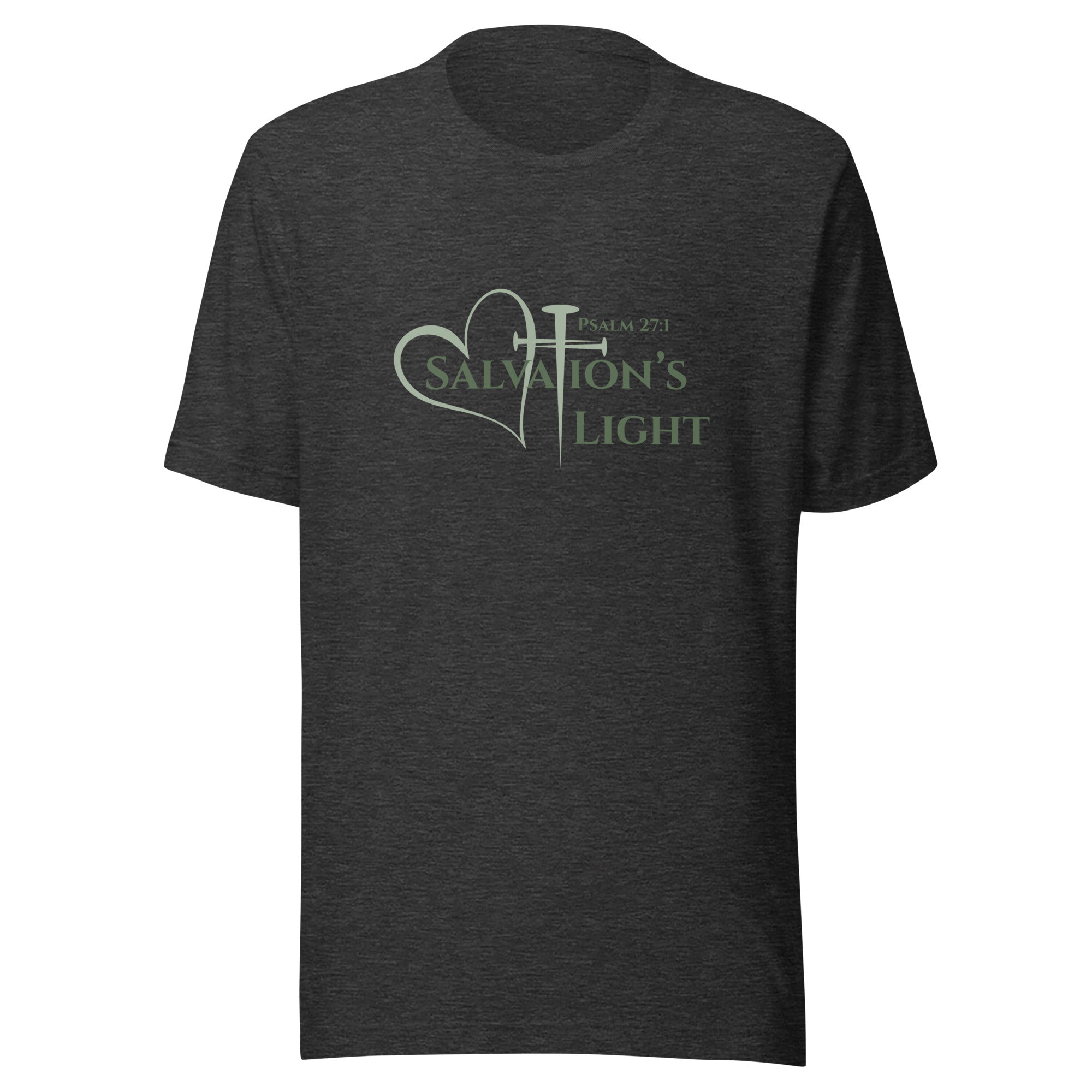 Flat image of a heather dark gray short sleeve t-shirt from the Salvation’s Light Signature Collection, featuring Psalm 27:1 and the word “Salvation’s Light,” with the T designed as a sage green three-nail cross and accompanied by a sage green heart