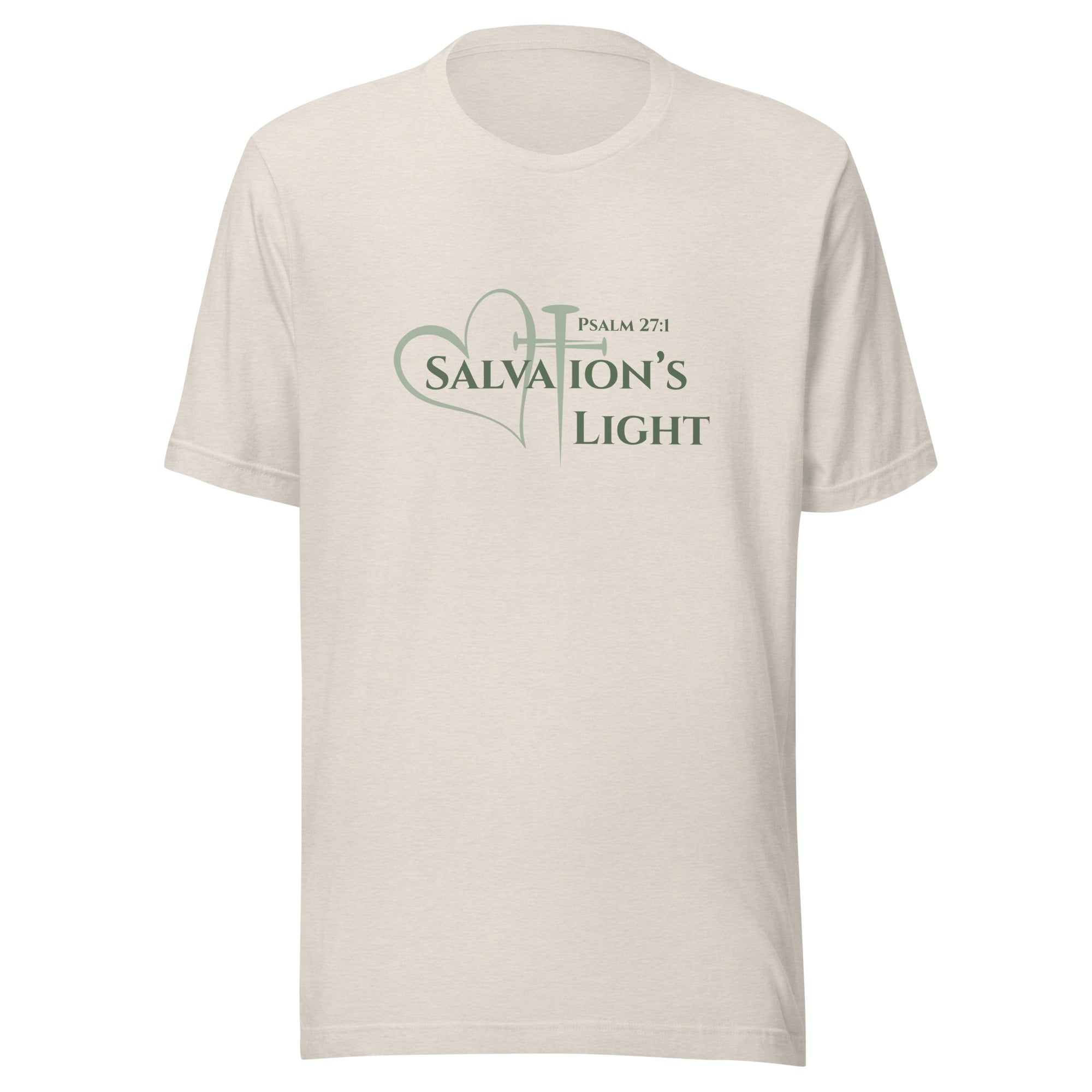 Flat image of a heather dust short sleeve t-shirt from the Salvation’s Light Signature Collection, featuring Psalm 27:1 and the word “Salvation’s Light,” with the T designed as a sage green three-nail cross and accompanied by a sage green heart