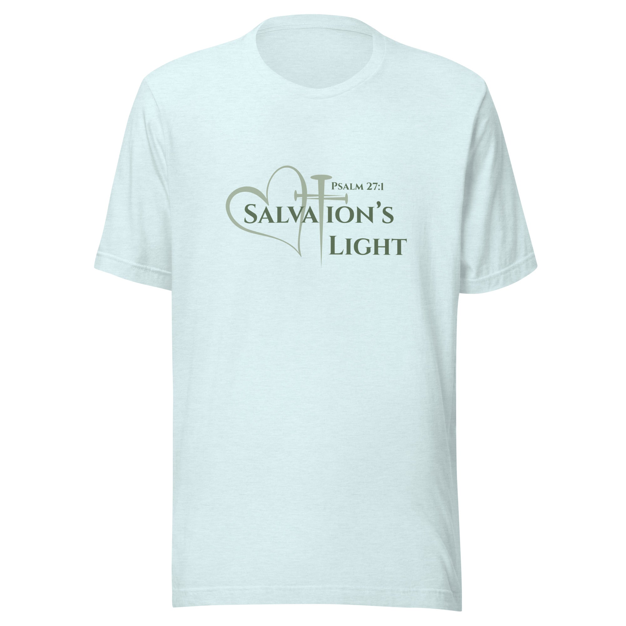 Flat image of a heather ice blue short sleeve t-shirt from the Salvation’s Light Signature Collection, featuring Psalm 27:1 and the word “Salvation’s Light,” with the T designed as a sage green three-nail cross and accompanied by a sage green heart