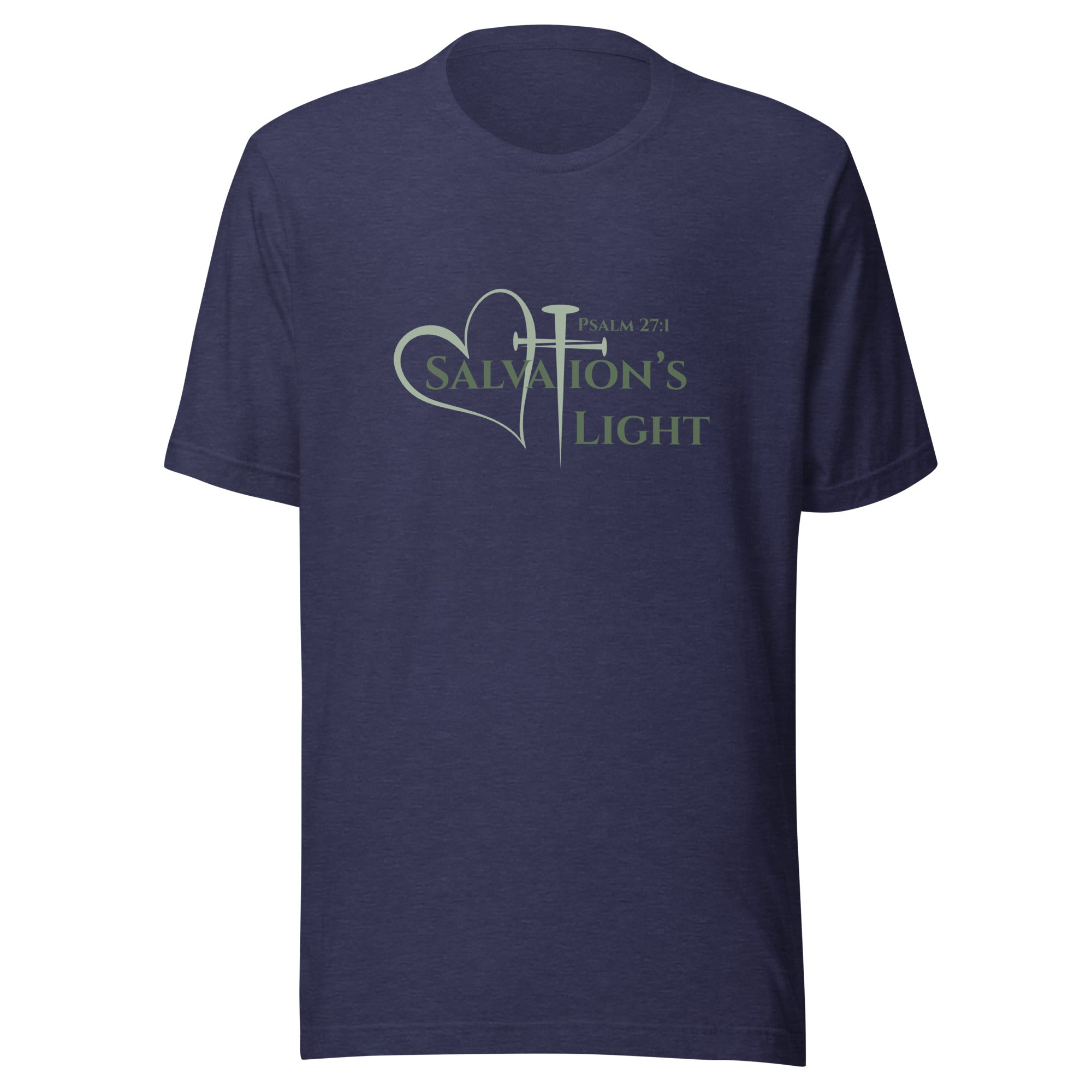 Flat image of a heather midnight navy short sleeve t-shirt from the Salvation’s Light Signature Collection, featuring Psalm 27:1 and the word “Salvation’s Light,” with the T designed as a sage green three-nail cross and accompanied by a sage green heart