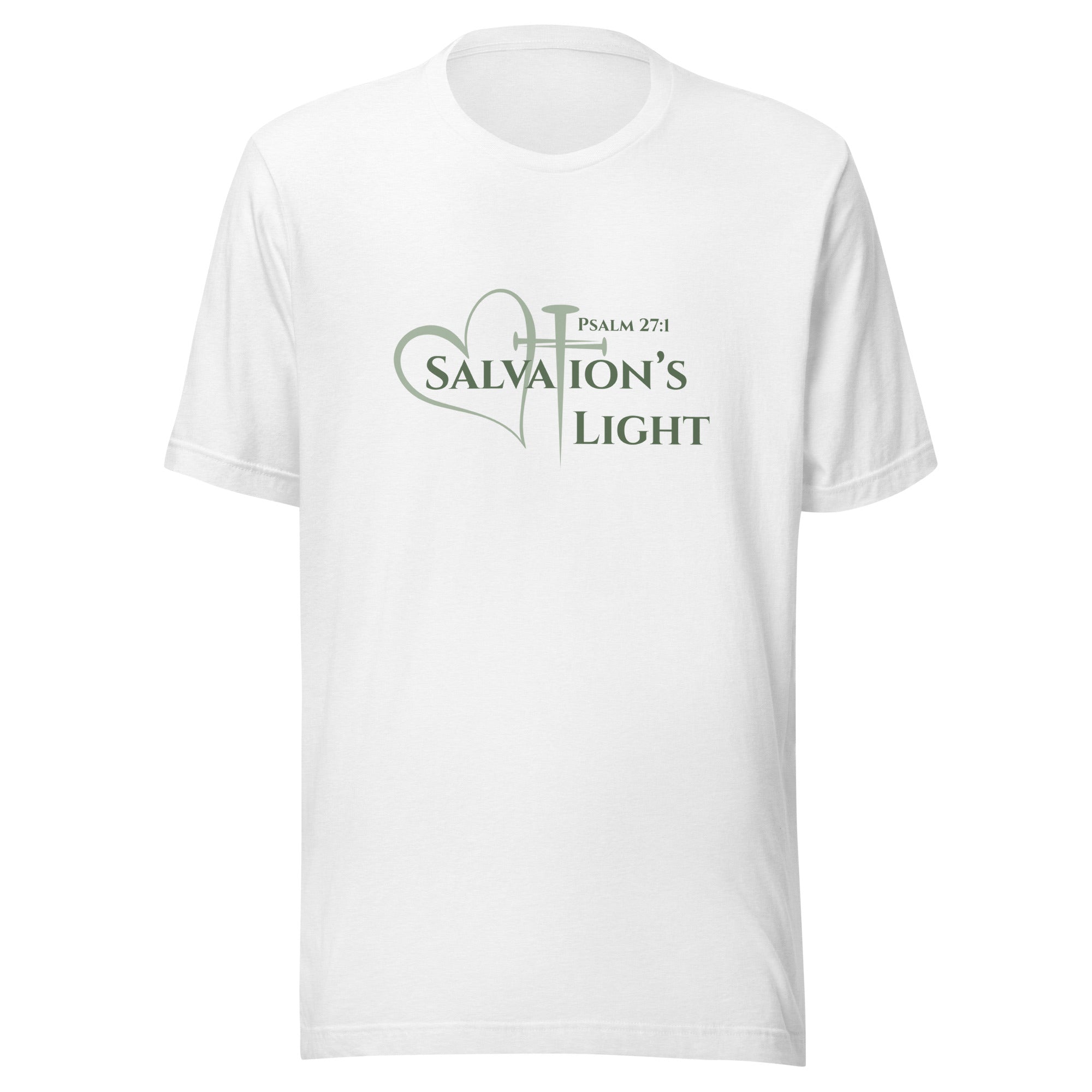 Flat image of a white short sleeve t-shirt from the Salvation’s Light Signature Collection, featuring Psalm 27:1 and the word “Salvation’s Light,” with the T designed as a sage green three-nail cross and accompanied by a sage green heart