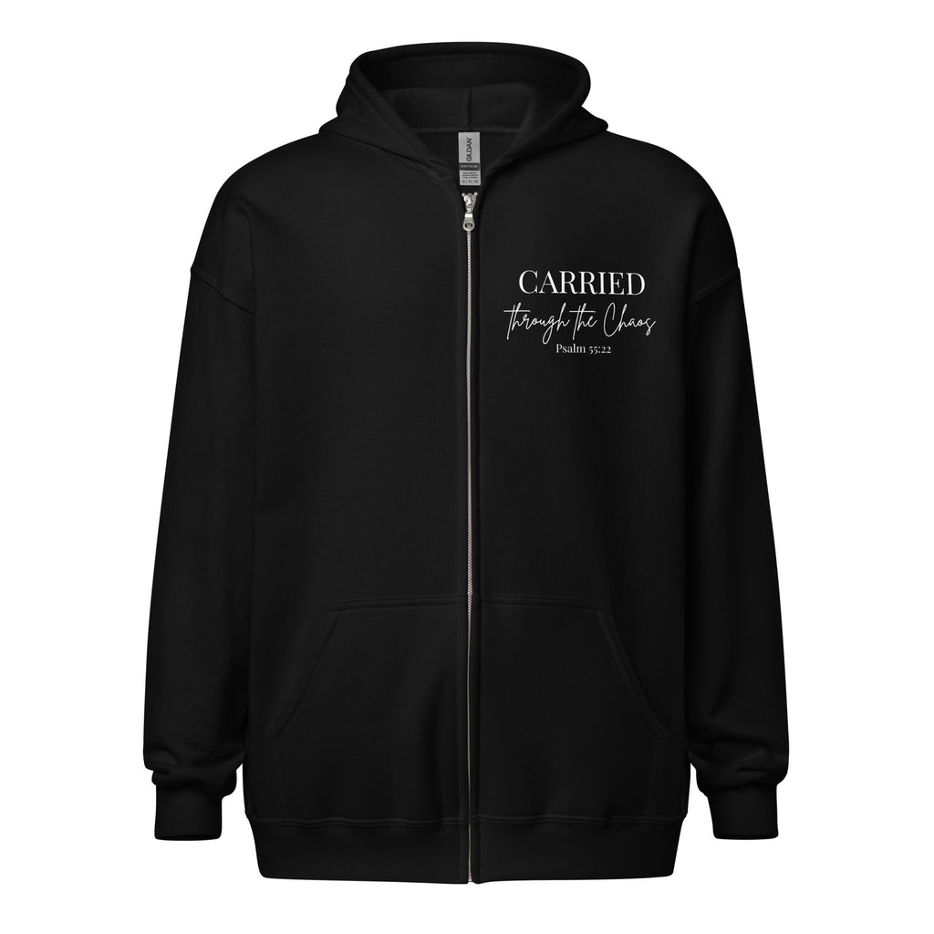 Black women’s zip hoodie lay flat front featuring the left chest text “CARRIED through the Chaos Psalm 55:22.” “Through the Chaos” appears in a handwritten font.