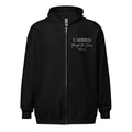 Black women’s zip hoodie lay flat front featuring the left chest text “CARRIED through the Chaos Psalm 55:22.” “Through the Chaos” appears in a handwritten font.