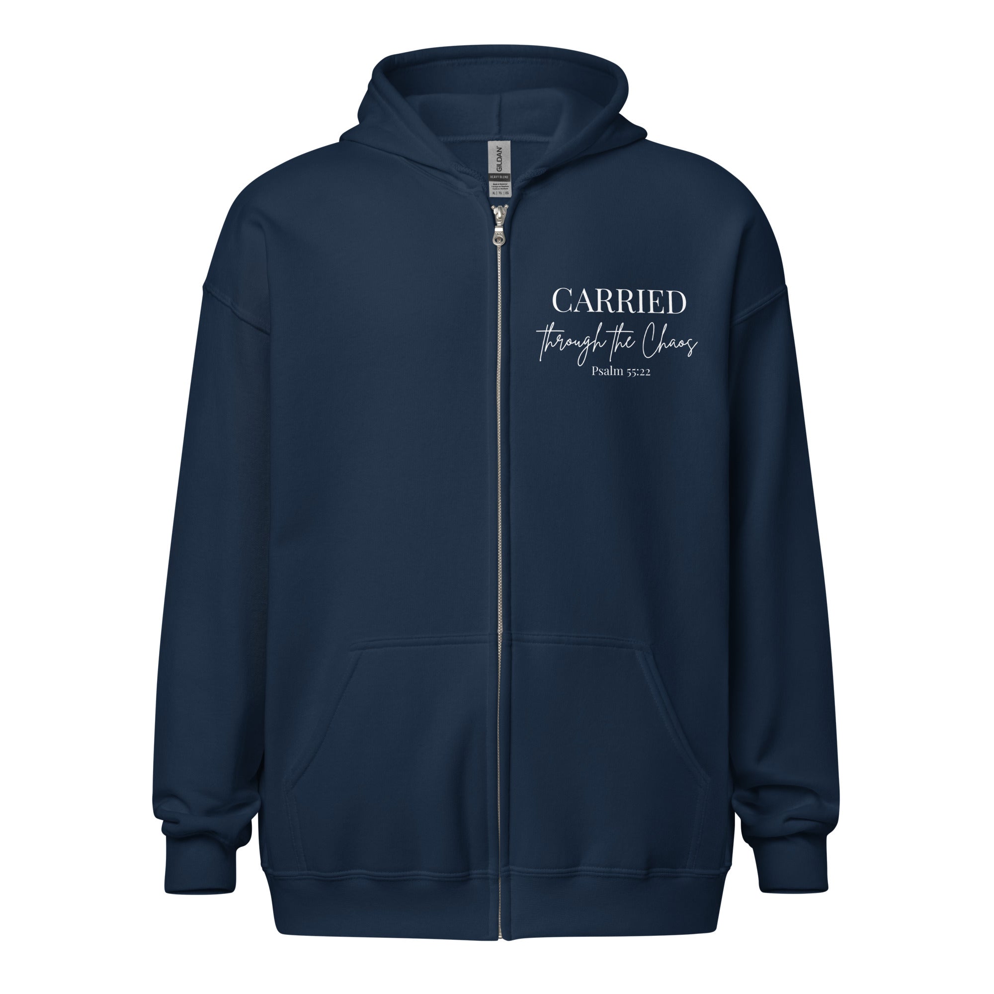 Navy women’s zip hoodie lay flat front featuring the left chest text “CARRIED through the Chaos Psalm 55:22.” “Through the Chaos” appears in a handwritten font.
