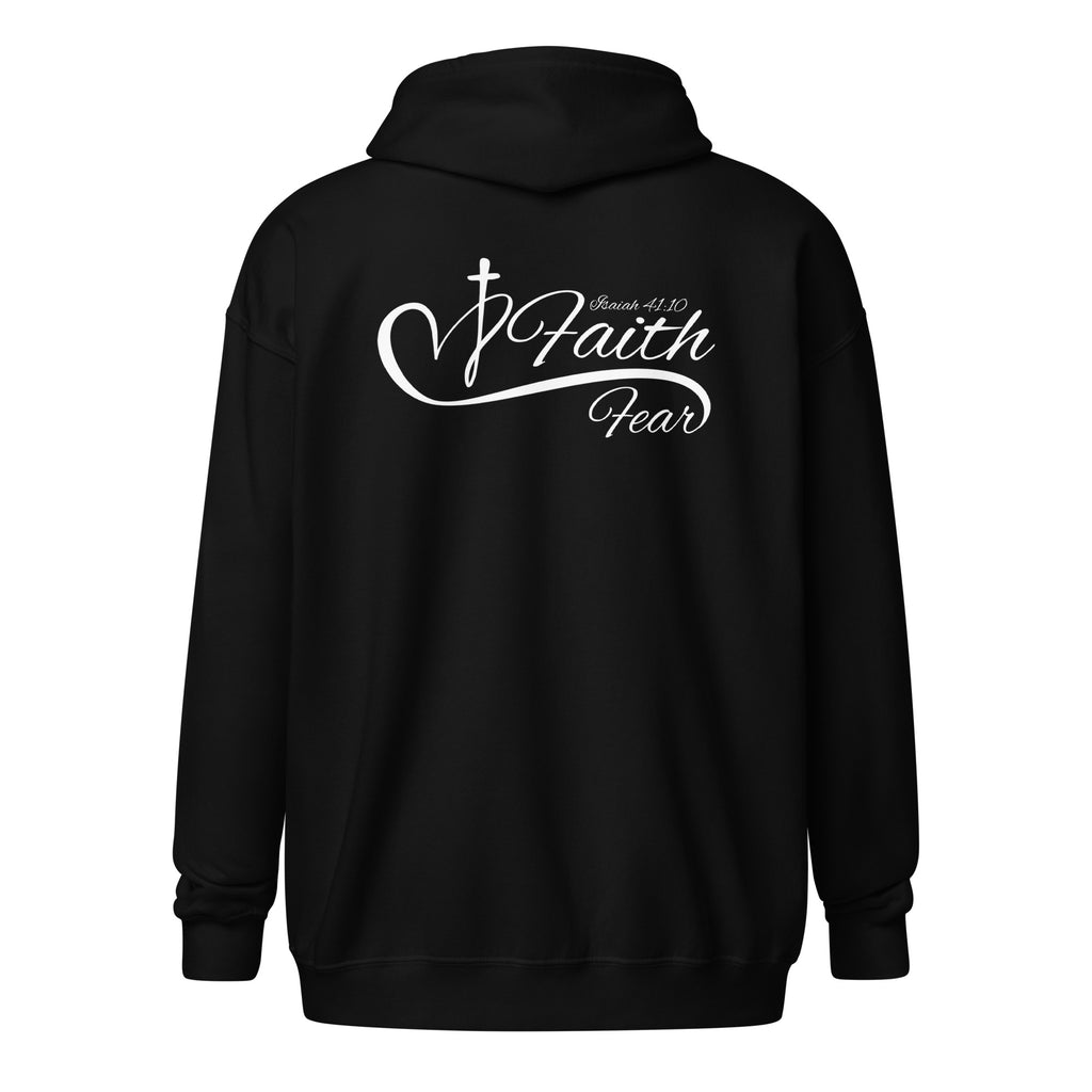 Women’s black full zip hoodie featuring “Isaiah 41:10” and “Faith” over the word “Fear” with a heart and cross design and flowing line separating Faith and Fear.