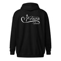 Women’s black full zip hoodie featuring “Isaiah 41:10” and “Faith” over the word “Fear” with a heart and cross design and flowing line separating Faith and Fear.