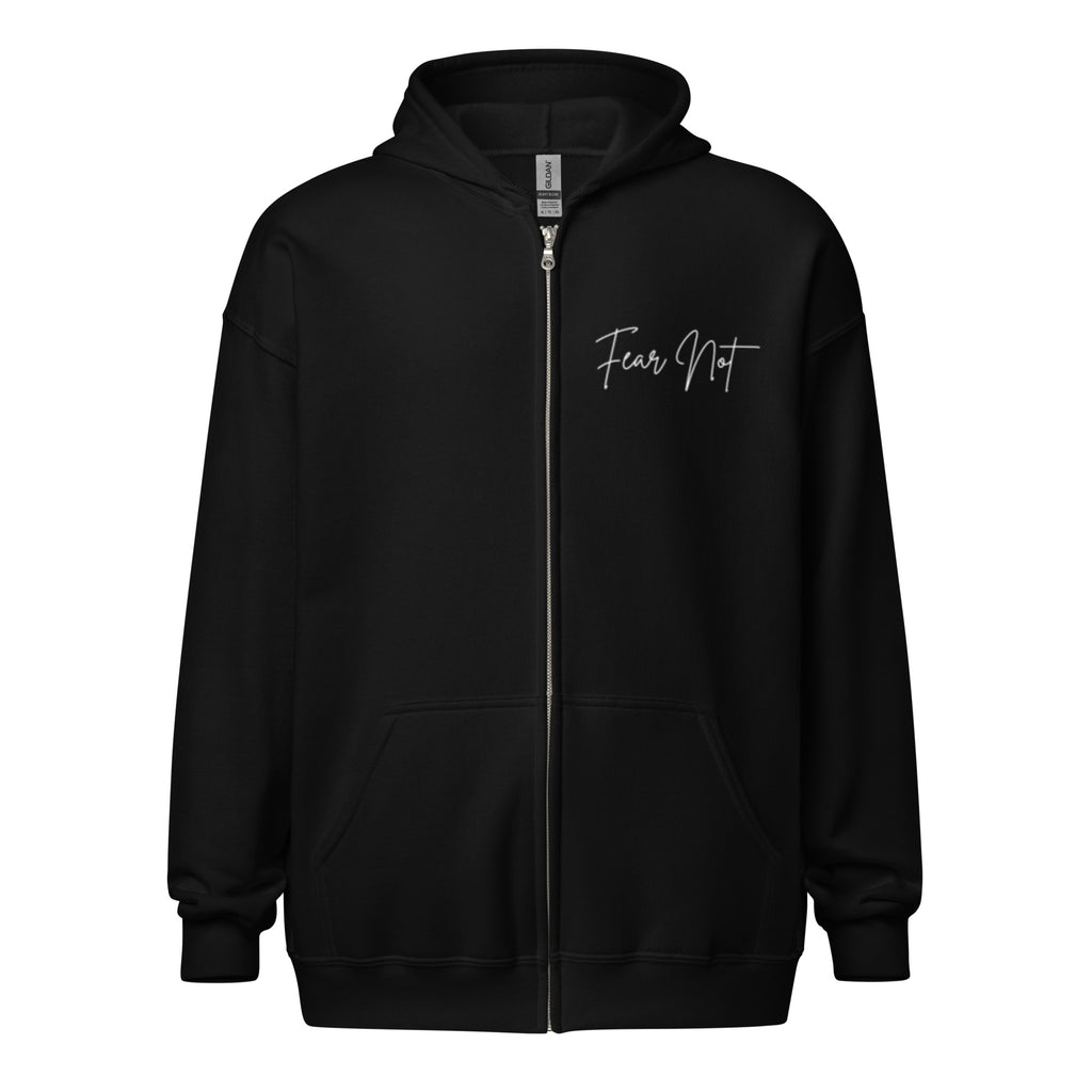 Women’s black full zip hoodie with the words “Fear Not” in cursive on the left chest.