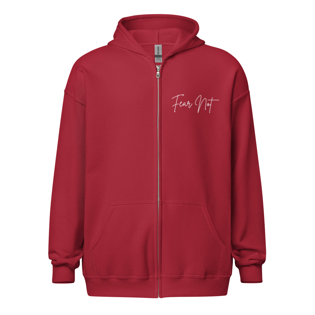 Women’s cardinal red full zip hoodie with the words “Fear Not” in cursive on the left chest.