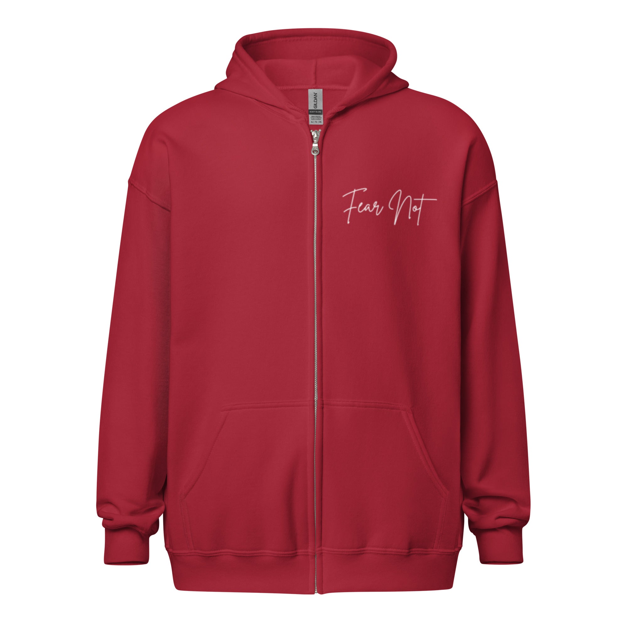 Women’s cardinal red full zip hoodie with the words “Fear Not” in cursive on the left chest.