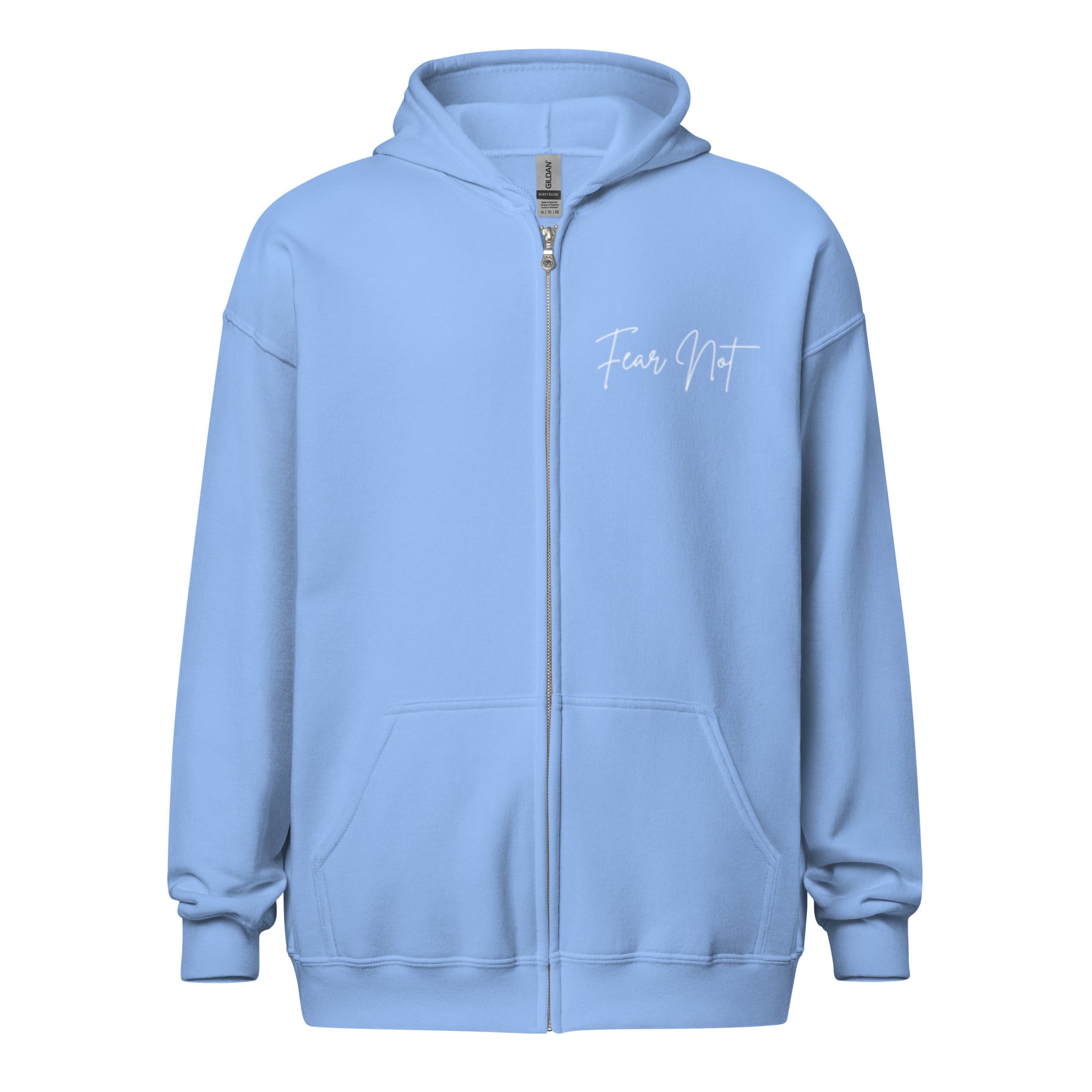 Women’s carolina blue full zip hoodie with the words “Fear Not” in cursive on the left chest.