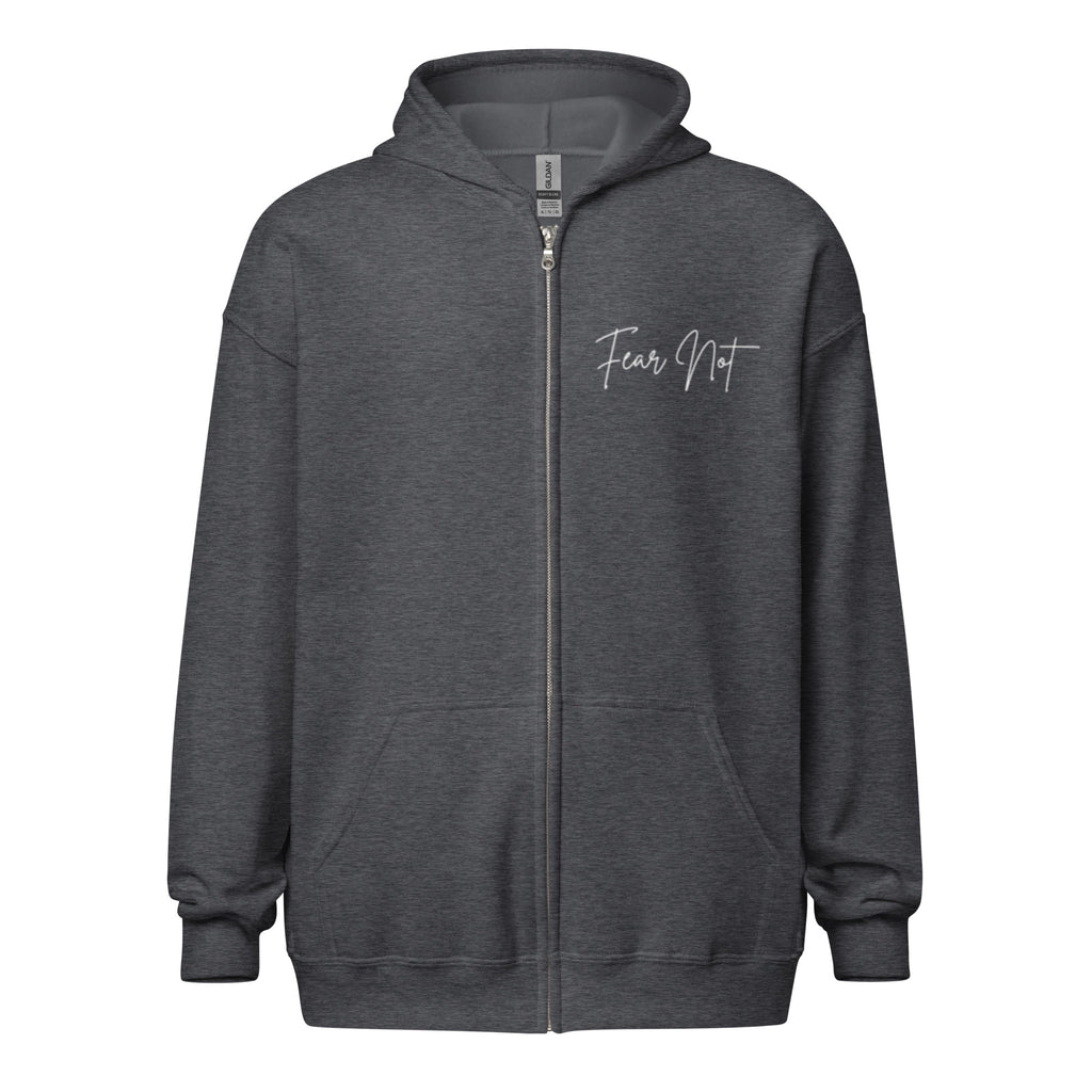 Women’s dark heather full zip hoodie with the words “Fear Not” in cursive on the left chest.